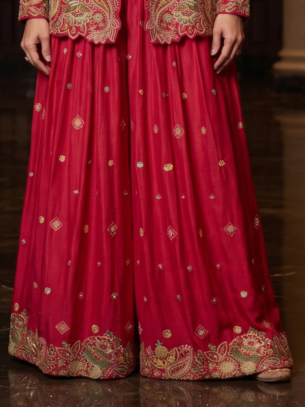 Hot Pink Embroidered Real Chinnon Peplum Palazzo Suit Set - View 3