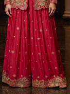 Hot Pink Embroidered Real Chinnon Peplum Palazzo Suit Set - View 3
