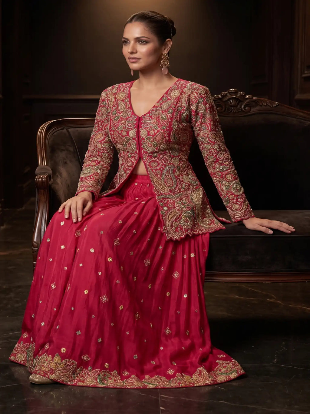 Hot Pink Embroidered Real Chinnon Peplum Palazzo Suit Set - View 4