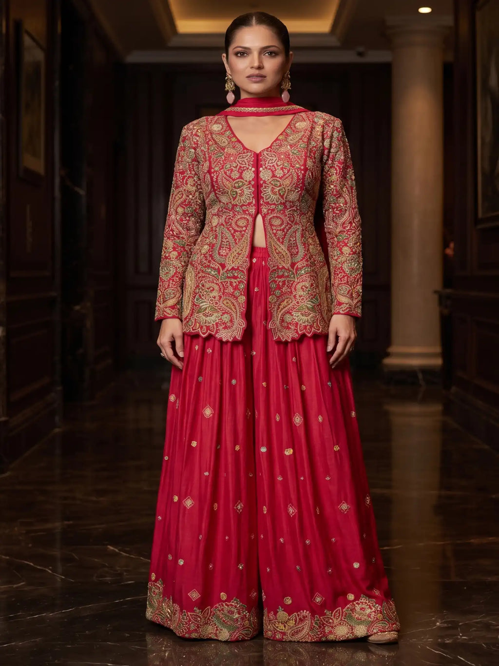 Hot Pink Embroidered Real Chinnon Peplum Palazzo Suit Set - View 5