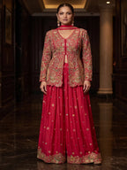 Hot Pink Embroidered Real Chinnon Peplum Palazzo Suit Set - View 5