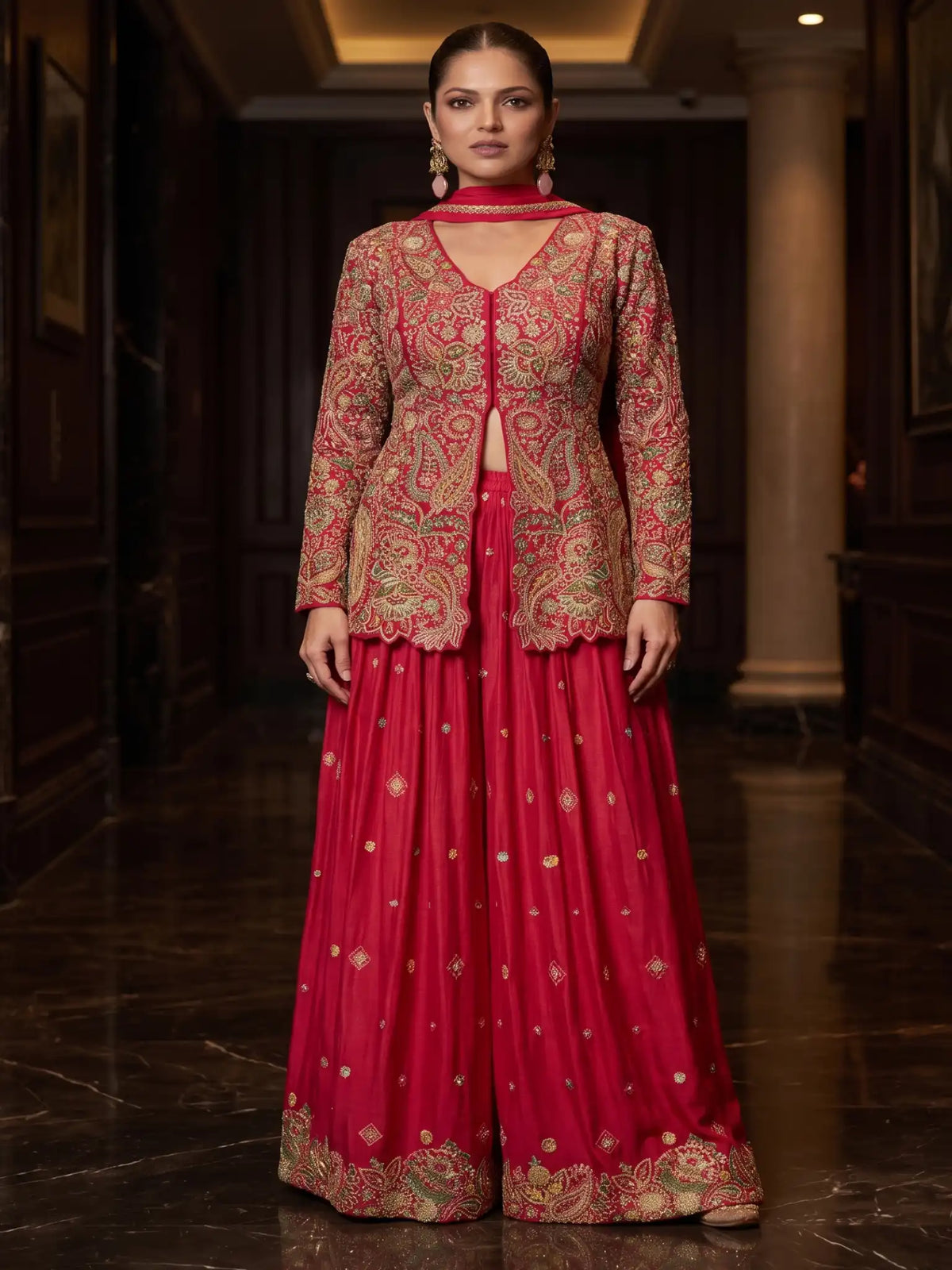 Hot Pink Embroidered Real Chinnon Peplum Palazzo Suit Set - View 5