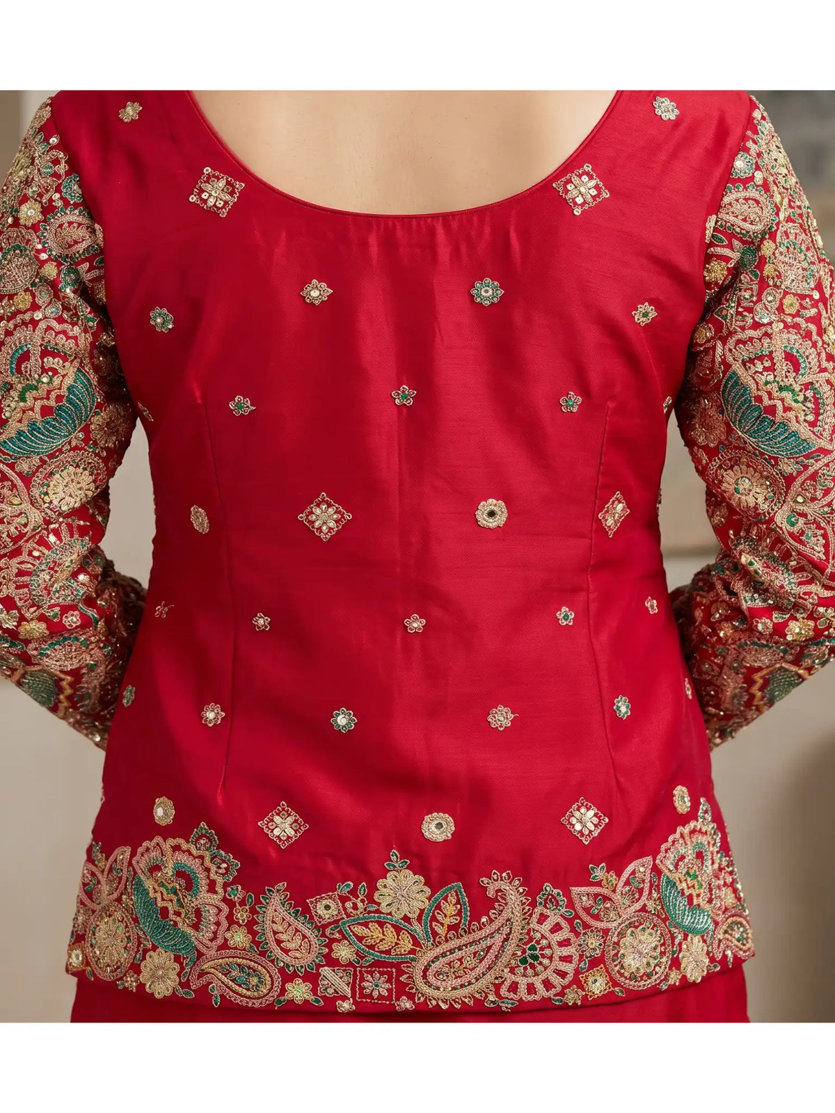 Hot Pink Embroidered Real Chinnon Peplum Palazzo Suit Set - View 6