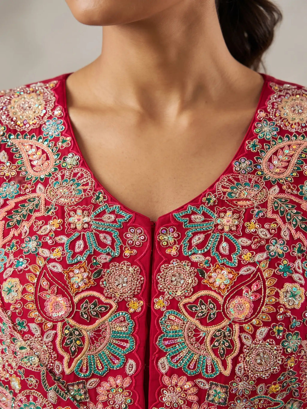 Hot Pink Embroidered Real Chinnon Peplum Palazzo Suit Set - View 7