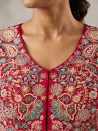 Hot Pink Embroidered Real Chinnon Peplum Palazzo Suit Set - View 7
