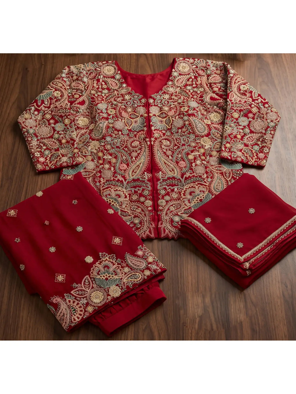 Hot Pink Embroidered Real Chinnon Peplum Palazzo Suit Set - View 8