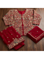 Hot Pink Embroidered Real Chinnon Peplum Palazzo Suit Set - View 8