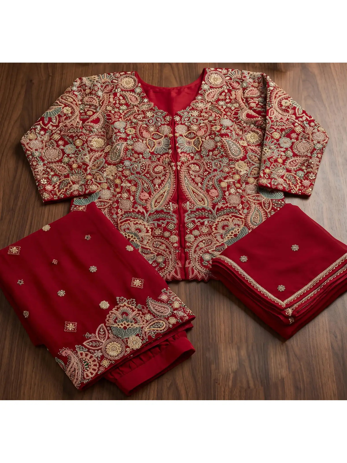 Hot Pink Embroidered Real Chinnon Peplum Palazzo Suit Set - View 8