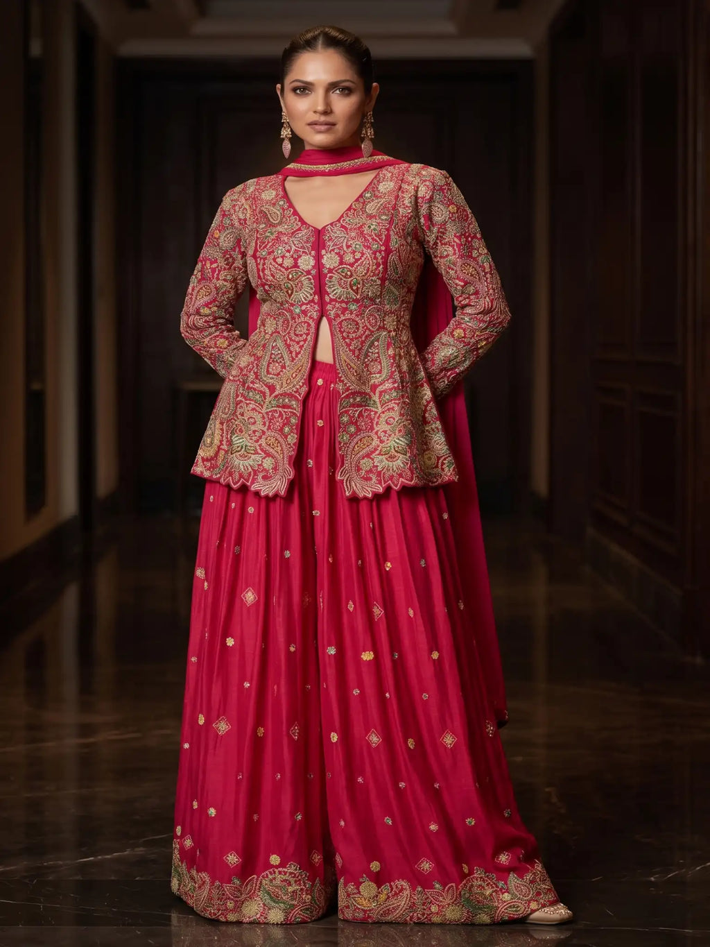 Hot Pink Embroidered Real Chinnon Peplum Palazzo Suit Set - View 1