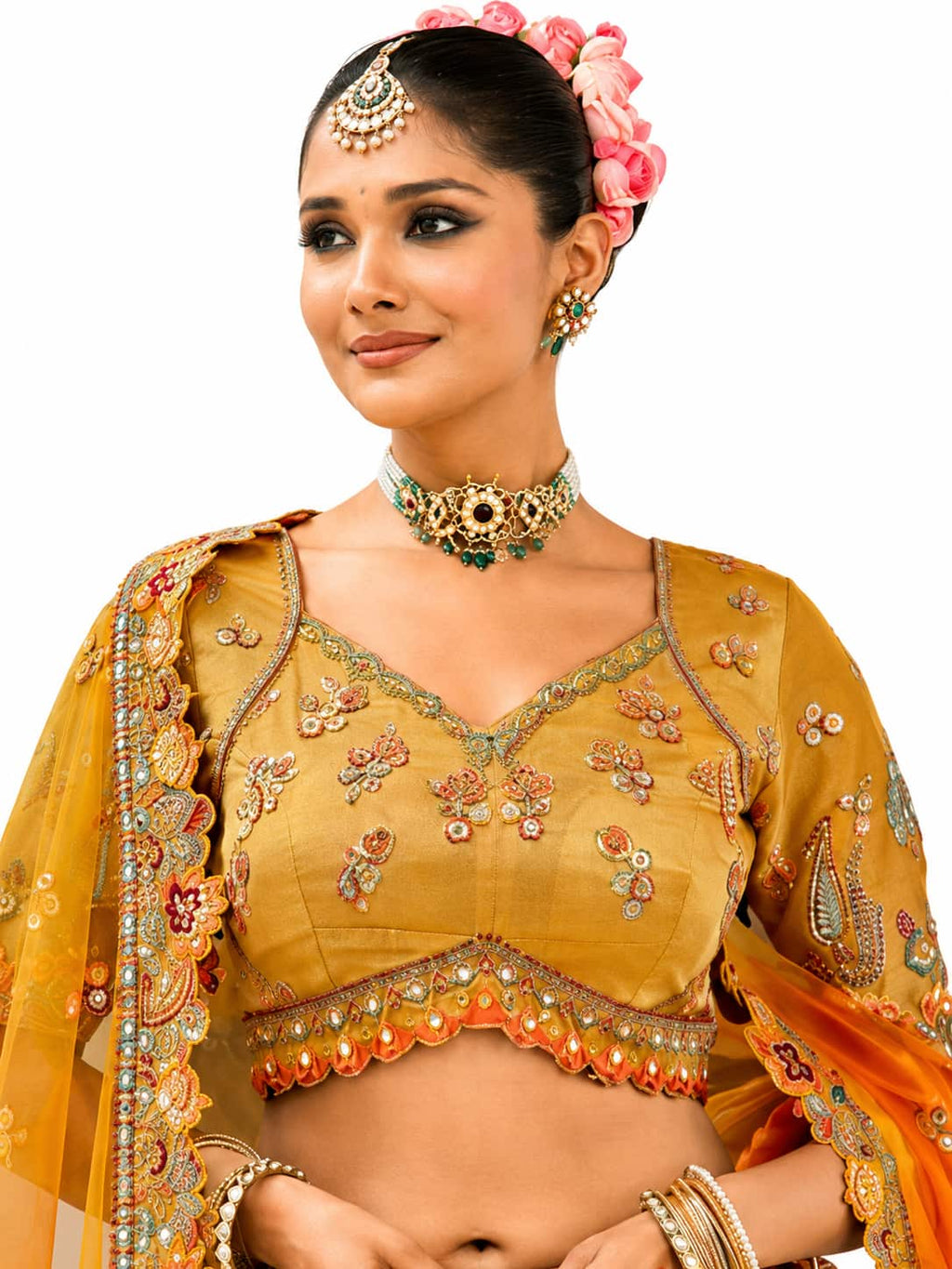 Mustard Yellow & Orange Semi-Stitched Cut Work Border, Stone, Sequence, Mirror, Embroidery Designer Work Fancy Silk Lehengas