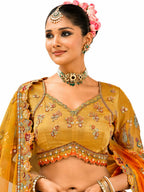 Mustard Yellow & Orange Semi-Stitched Cut Work Border, Stone, Sequence, Mirror, Embroidery Designer Work Fancy Silk Lehengas
