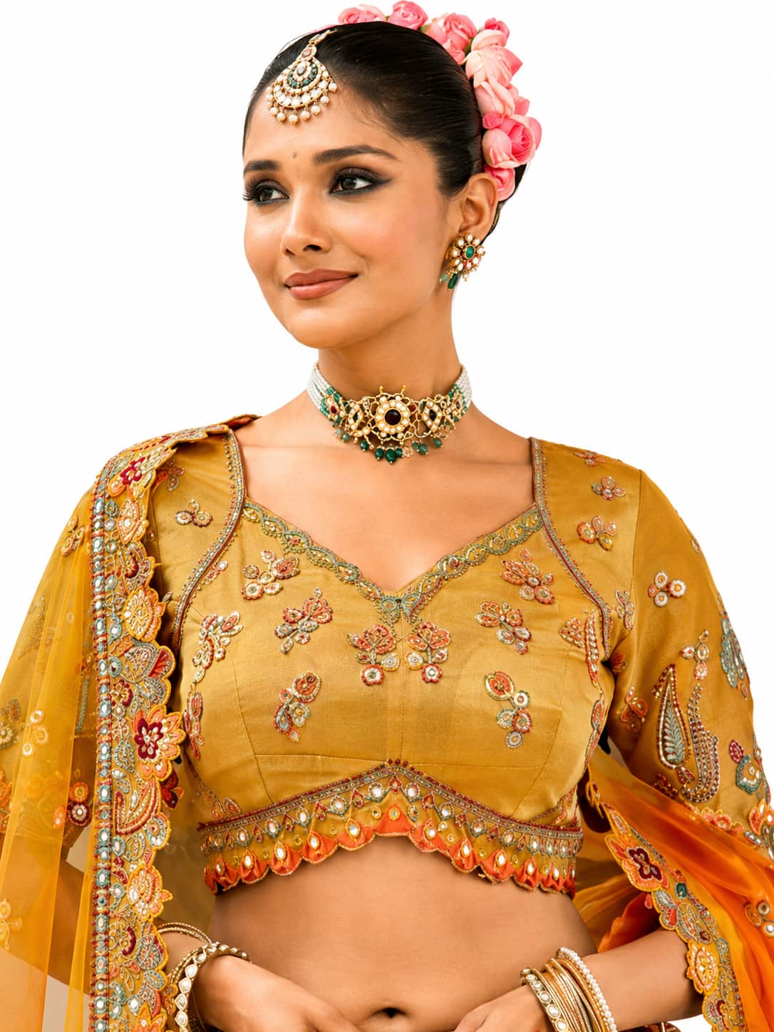 Mustard Yellow & Orange Semi-Stitched Cut Work Border, Stone, Sequence, Mirror, Embroidery Designer Work Fancy Silk Lehengas