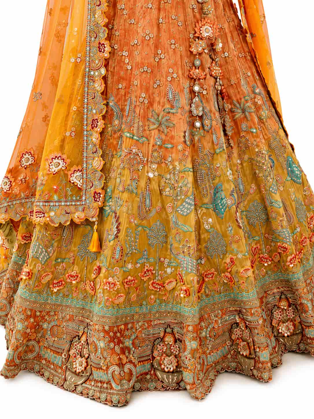 Mustard Yellow & Orange Semi-Stitched Cut Work Border, Stone, Sequence, Mirror, Embroidery Designer Work Fancy Silk Lehengas