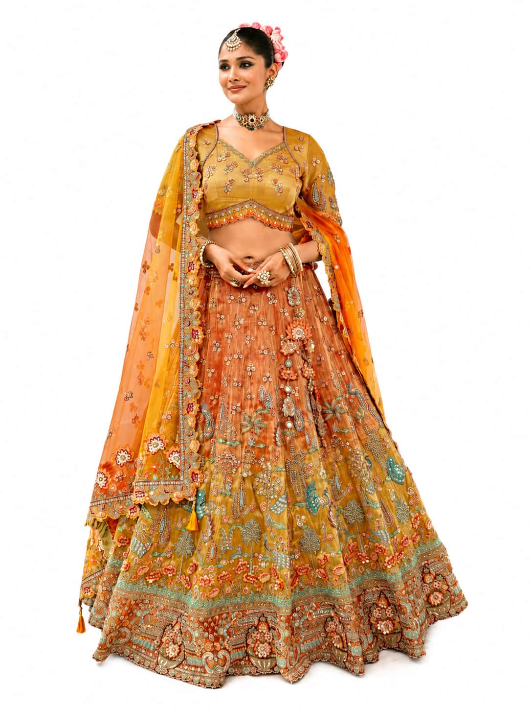 Mustard Yellow & Orange Semi-Stitched Cut Work Border, Stone, Sequence, Mirror, Embroidery Designer Work Fancy Silk Lehengas
