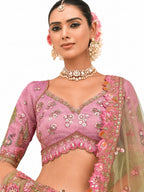 Dusty Pink & Sage Green Semi-Stitched Cut Work Border, Stone, Sequence, Mirror, Embroidery Designer Work Fancy Silk Lehengas