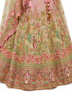 Dusty Pink & Sage Green Semi-Stitched Cut Work Border, Stone, Sequence, Mirror, Embroidery Designer Work Fancy Silk Lehengas