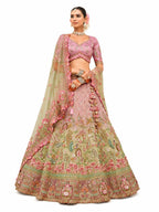 Dusty Pink & Sage Green Semi-Stitched Cut Work Border, Stone, Sequence, Mirror, Embroidery Designer Work Fancy Silk Lehengas