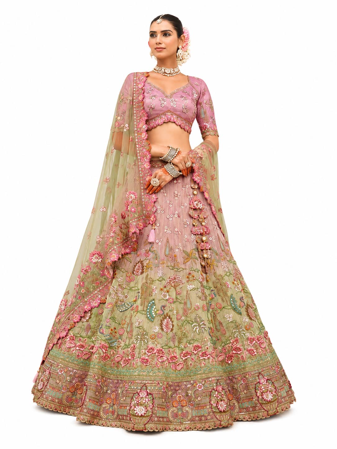 Dusty Pink & Sage Green Semi-Stitched Cut Work Border, Stone, Sequence, Mirror, Embroidery Designer Work Fancy Silk Lehengas