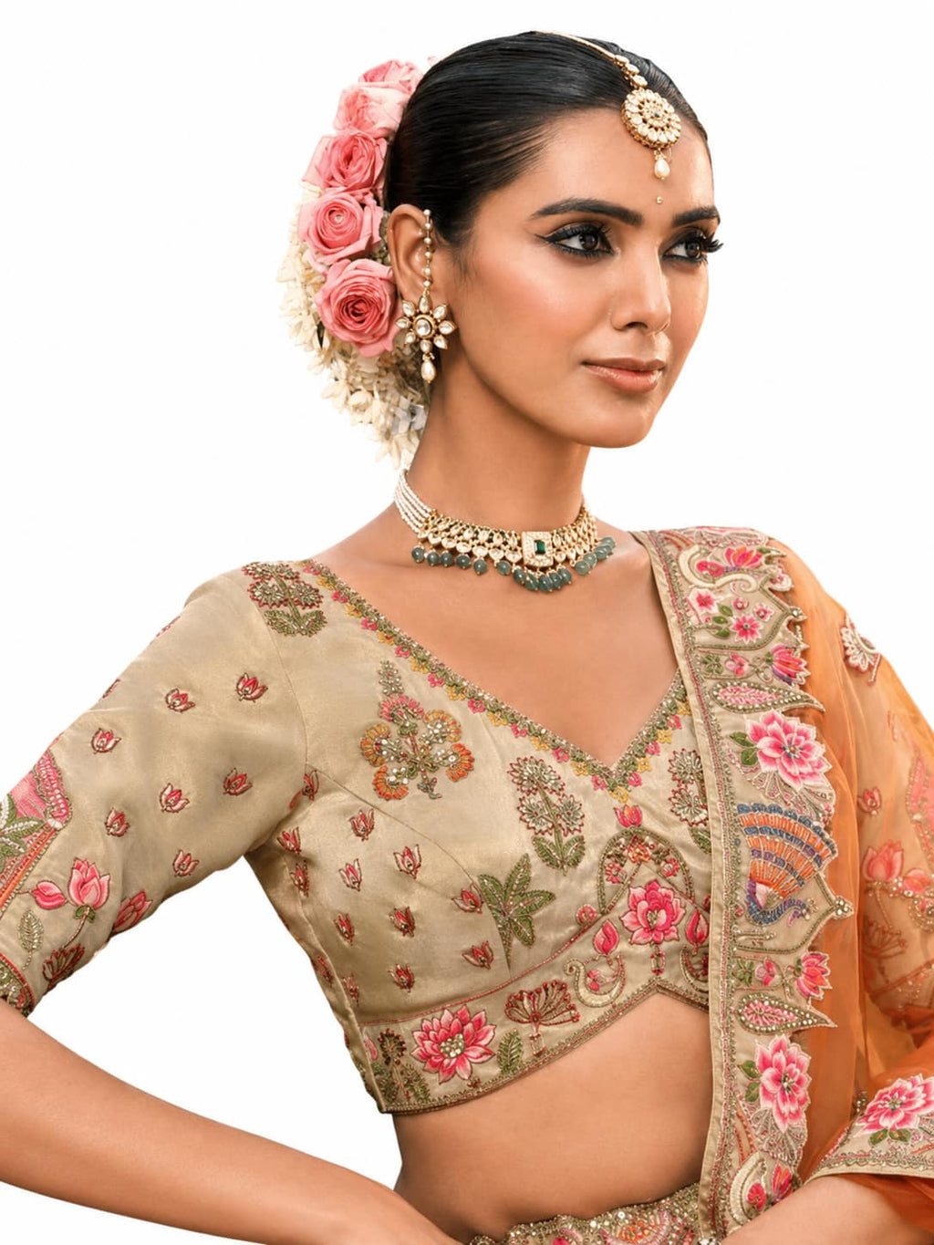 Cream & Peach Semi-Stitched Cut Work Border, Stone, Sequence, Mirror, Embroidery Designer Work Fancy Silk Lehengas