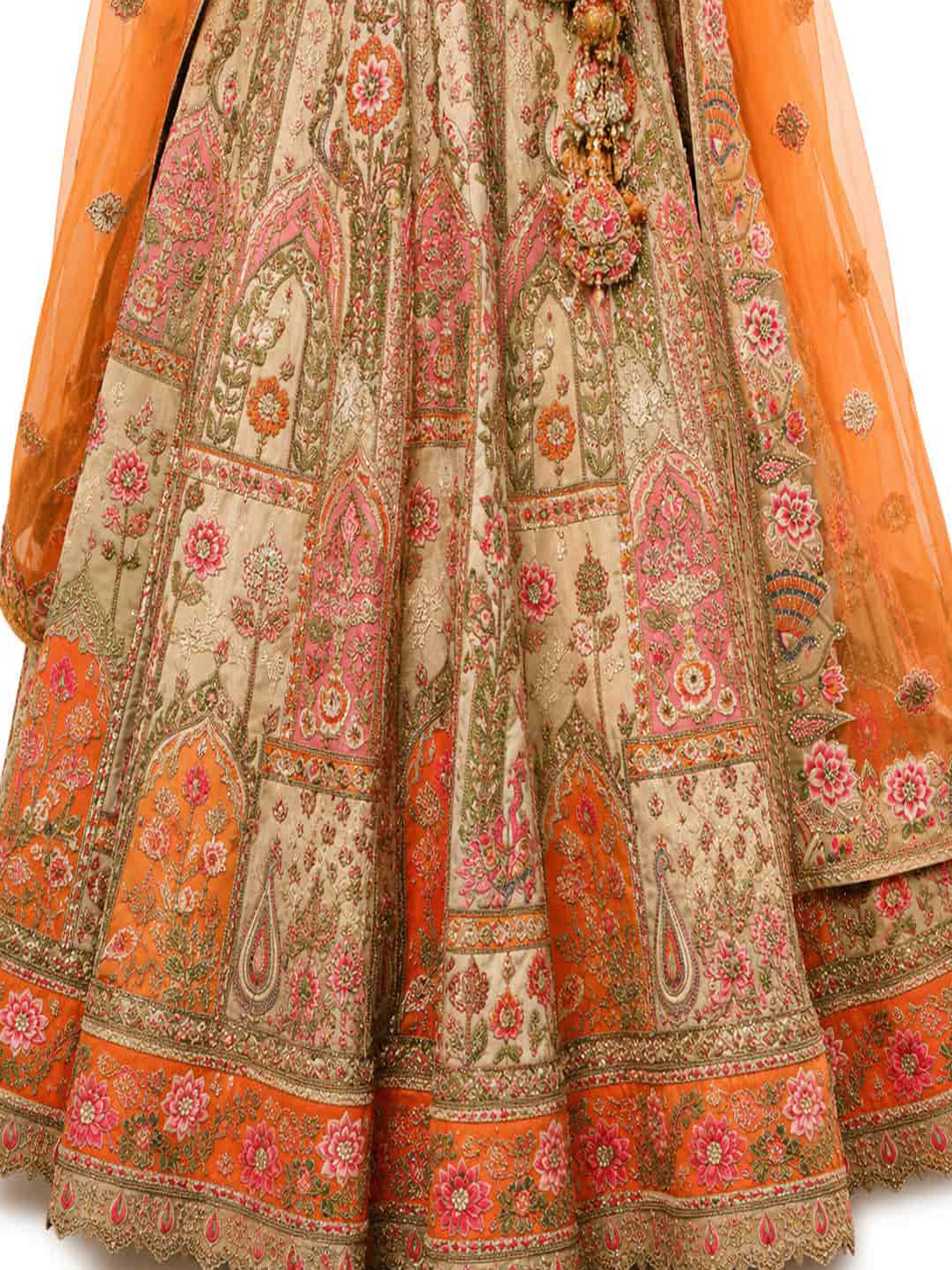 Cream & Peach Semi-Stitched Cut Work Border, Stone, Sequence, Mirror, Embroidery Designer Work Fancy Silk Lehengas