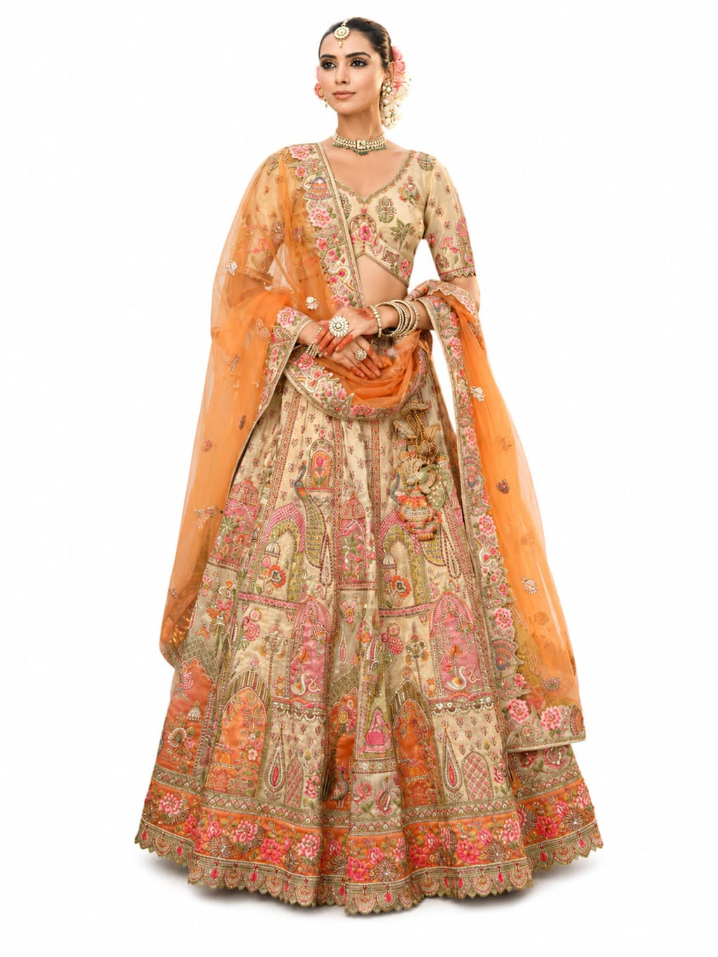 Cream & Peach Semi-Stitched Cut Work Border, Stone, Sequence, Mirror, Embroidery Designer Work Fancy Silk Lehengas