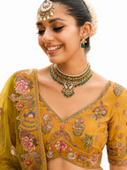 Yellow Semi-Stitched Cut Work Border, Stone, Sequence, Mirror, Embroidery Designer Work Fancy Silk Lehengas