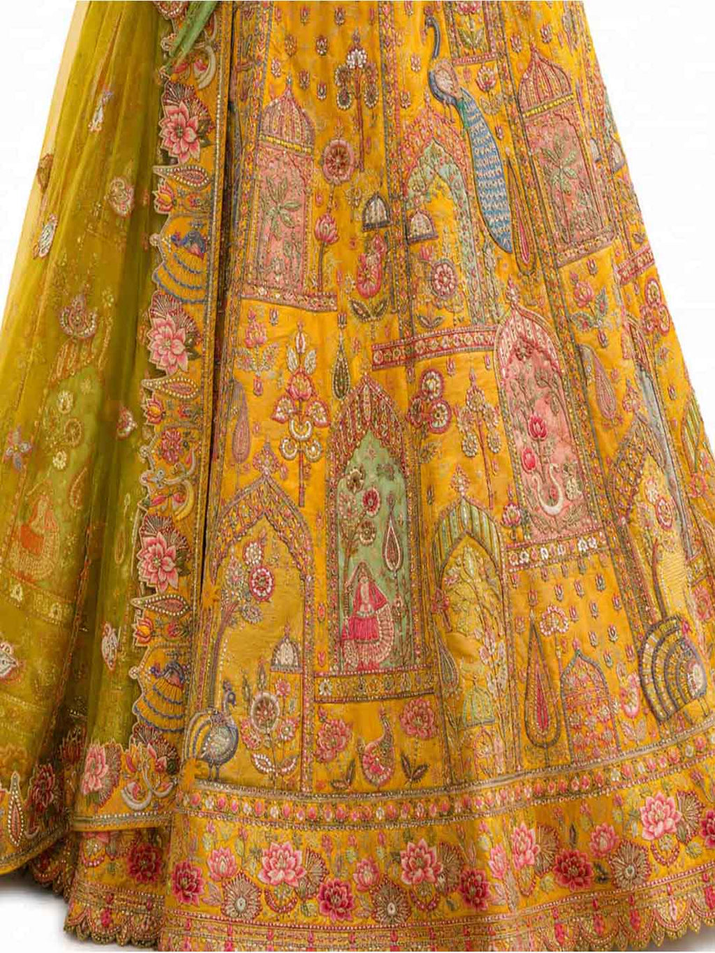 Yellow Semi-Stitched Cut Work Border, Stone, Sequence, Mirror, Embroidery Designer Work Fancy Silk Lehengas