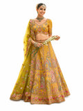 Yellow Semi-Stitched Cut Work Border, Stone, Sequence, Mirror, Embroidery Designer Work Fancy Silk Lehengas