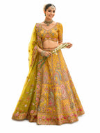 Yellow Semi-Stitched Cut Work Border, Stone, Sequence, Mirror, Embroidery Designer Work Fancy Silk Lehengas