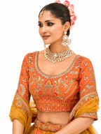 Orange & Mustard Semi-Stitched Cut Work Border, Stone, Sequence, Mirror, Embroidery Designer Work Fancy Silk Lehengas