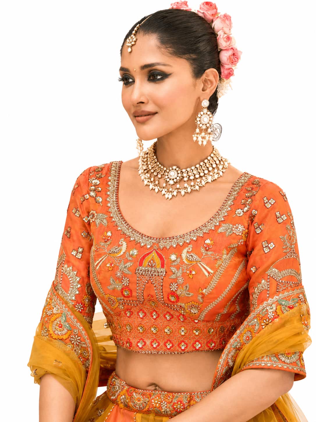 Orange & Mustard Semi-Stitched Cut Work Border, Stone, Sequence, Mirror, Embroidery Designer Work Fancy Silk Lehengas