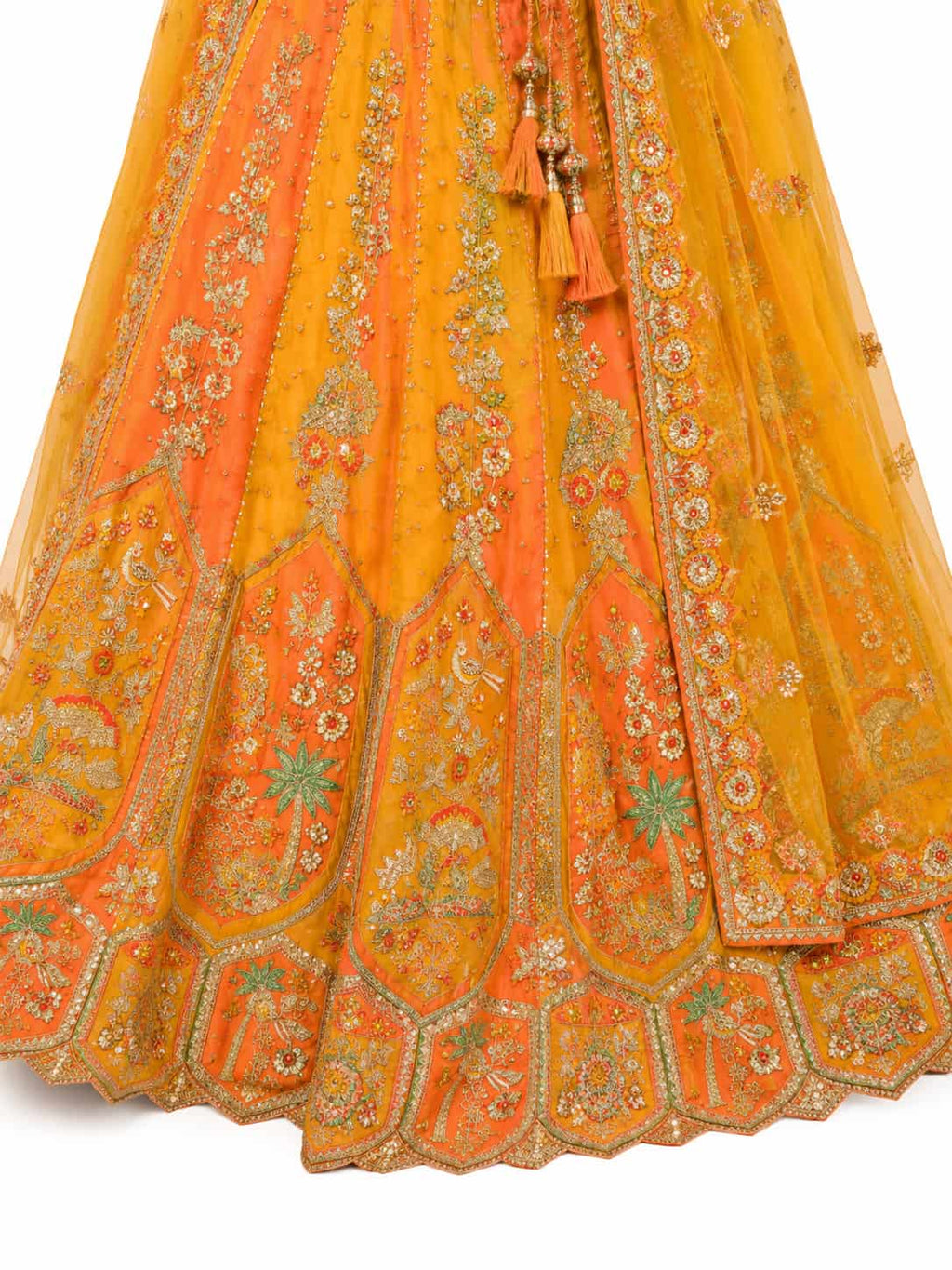 Orange & Mustard Semi-Stitched Cut Work Border, Stone, Sequence, Mirror, Embroidery Designer Work Fancy Silk Lehengas