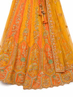 Orange & Mustard Semi-Stitched Cut Work Border, Stone, Sequence, Mirror, Embroidery Designer Work Fancy Silk Lehengas
