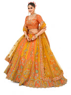 Orange & Mustard Semi-Stitched Cut Work Border, Stone, Sequence, Mirror, Embroidery Designer Work Fancy Silk Lehengas