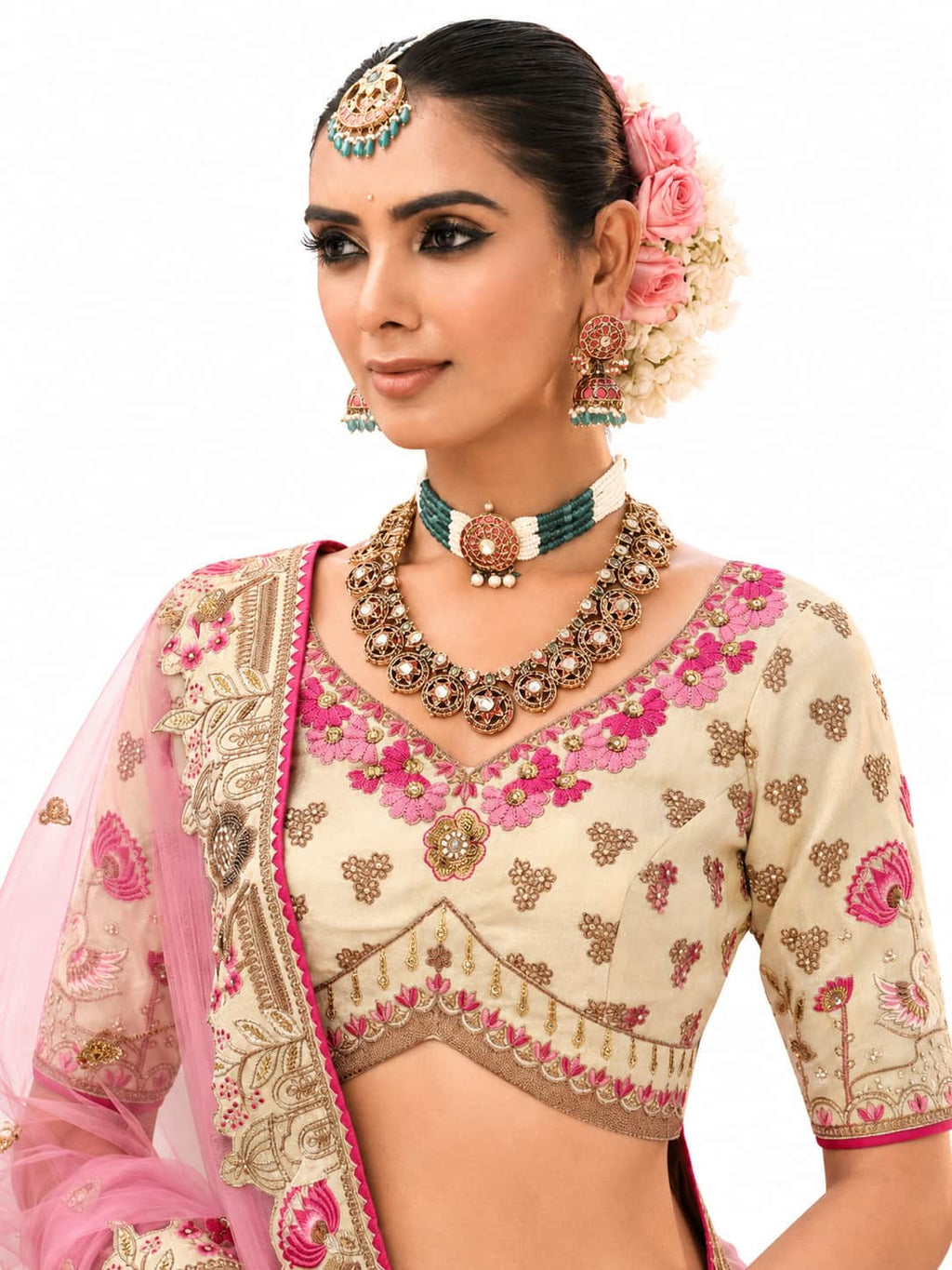 Cream & Pink Semi-Stitched Cut Work Border, Stone, Sequence, Mirror, Embroidery Designer Work Fancy Silk Lehengas