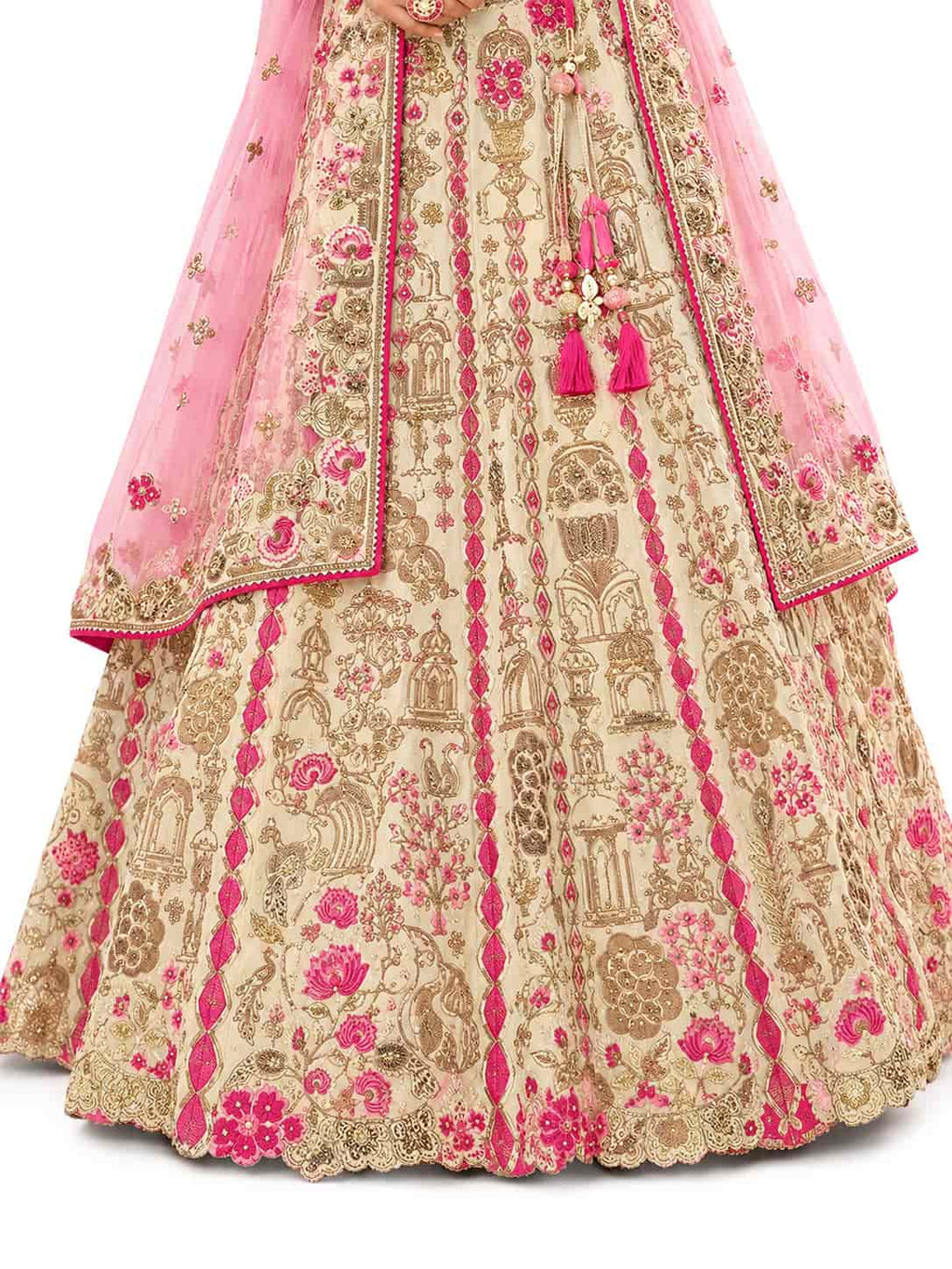 Cream & Pink Semi-Stitched Cut Work Border, Stone, Sequence, Mirror, Embroidery Designer Work Fancy Silk Lehengas