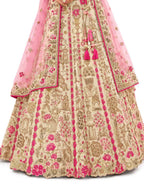 Cream & Pink Semi-Stitched Cut Work Border, Stone, Sequence, Mirror, Embroidery Designer Work Fancy Silk Lehengas
