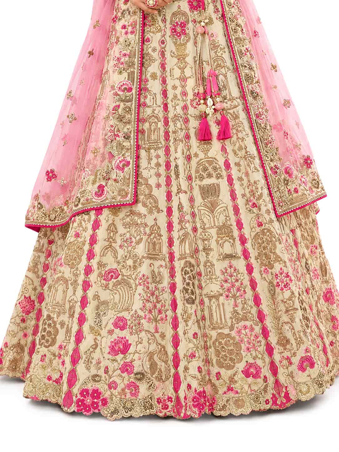 Cream & Pink Semi-Stitched Cut Work Border, Stone, Sequence, Mirror, Embroidery Designer Work Fancy Silk Lehengas