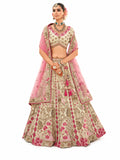 Cream & Pink Semi-Stitched Cut Work Border, Stone, Sequence, Mirror, Embroidery Designer Work Fancy Silk Lehengas