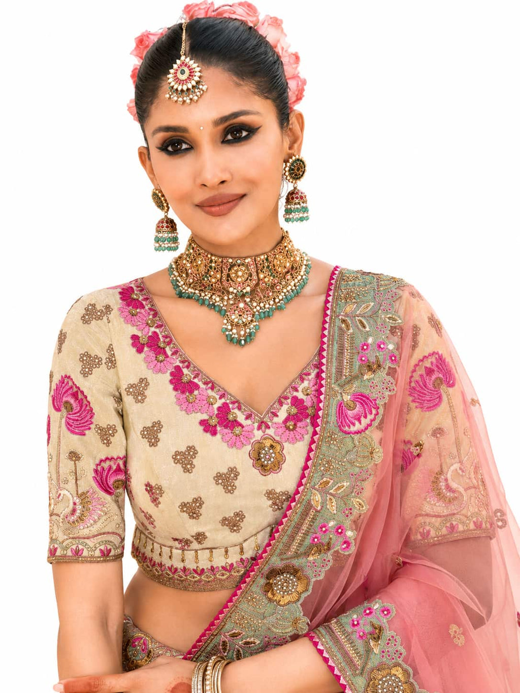 Cream & Sage Green Semi-Stitched Cut Work Border, Stone, Sequence, Mirror, Embroidery Designer Work Fancy Silk Lehengas