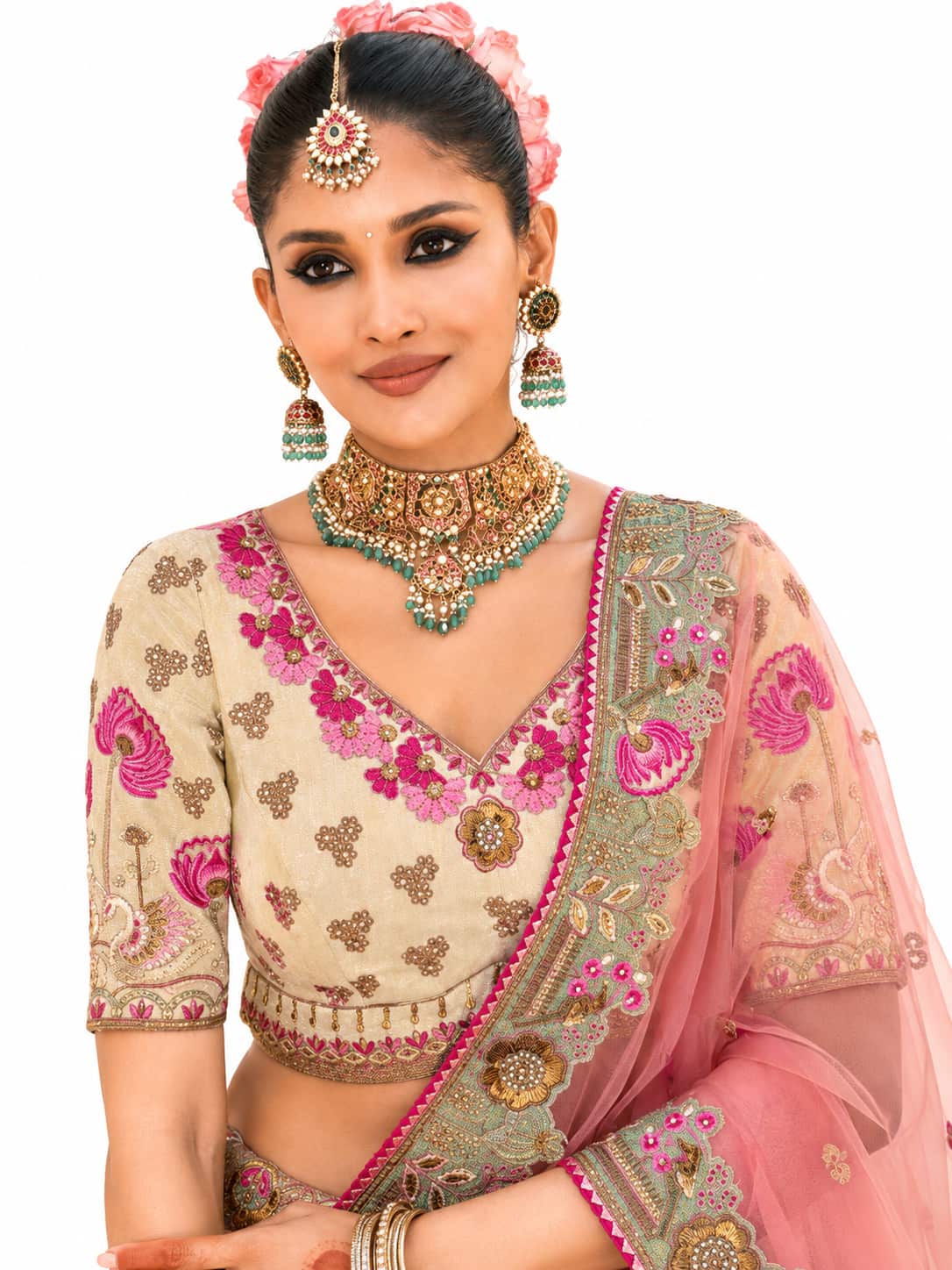 Cream & Sage Green Semi-Stitched Cut Work Border, Stone, Sequence, Mirror, Embroidery Designer Work Fancy Silk Lehengas