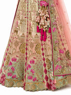 Cream & Sage Green Semi-Stitched Cut Work Border, Stone, Sequence, Mirror, Embroidery Designer Work Fancy Silk Lehengas