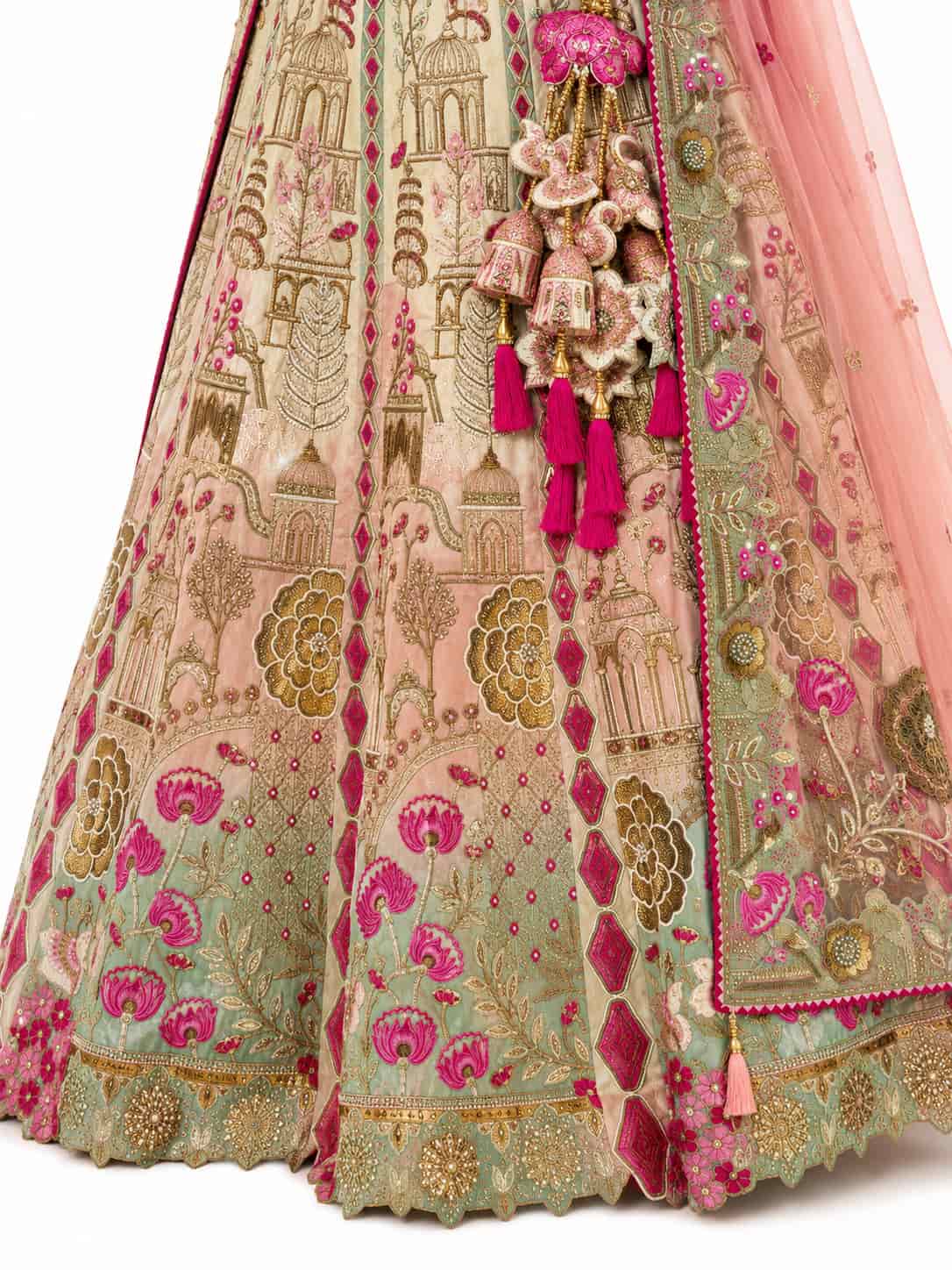Cream & Sage Green Semi-Stitched Cut Work Border, Stone, Sequence, Mirror, Embroidery Designer Work Fancy Silk Lehengas