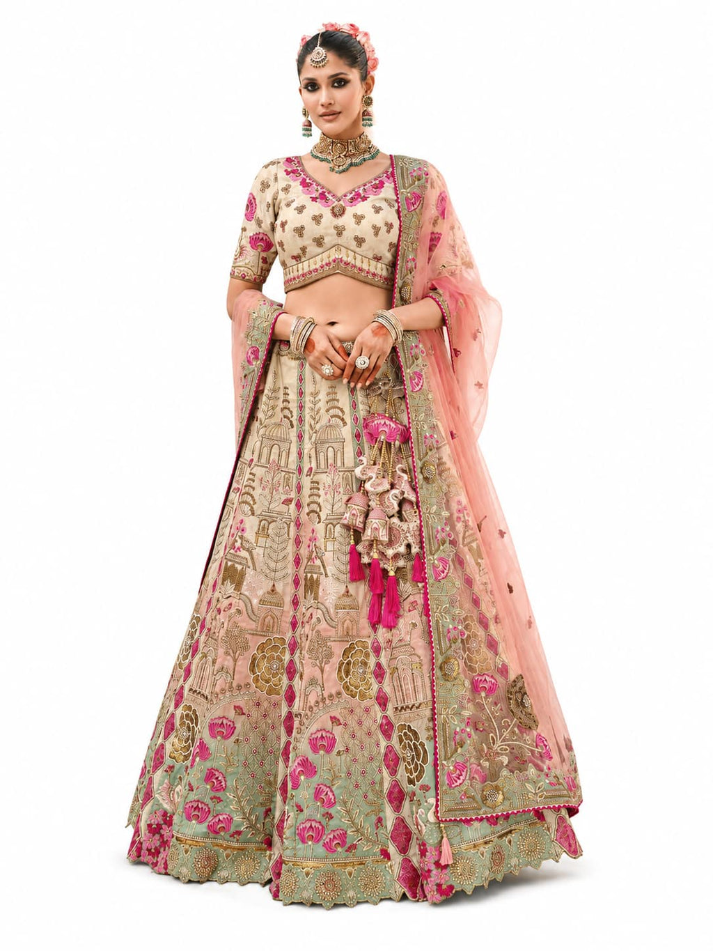 Cream & Sage Green Semi-Stitched Cut Work Border, Stone, Sequence, Mirror, Embroidery Designer Work Fancy Silk Lehengas
