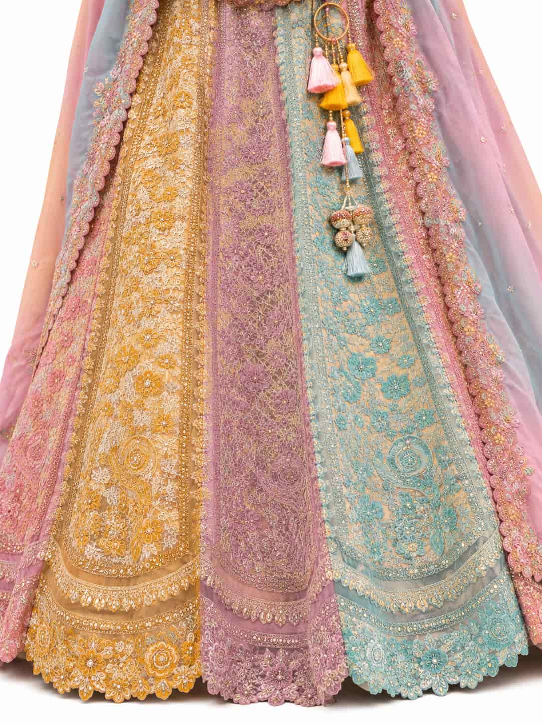 Multi-color Pastel Semi-Stitched Cut Work Border, Stone, Sequence, Mirror, Embroidery Designer Work Fancy Silk Lehengas