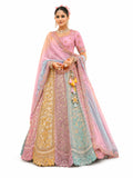 Multi-color Pastel Semi-Stitched Cut Work Border, Stone, Sequence, Mirror, Embroidery Designer Work Fancy Silk Lehengas