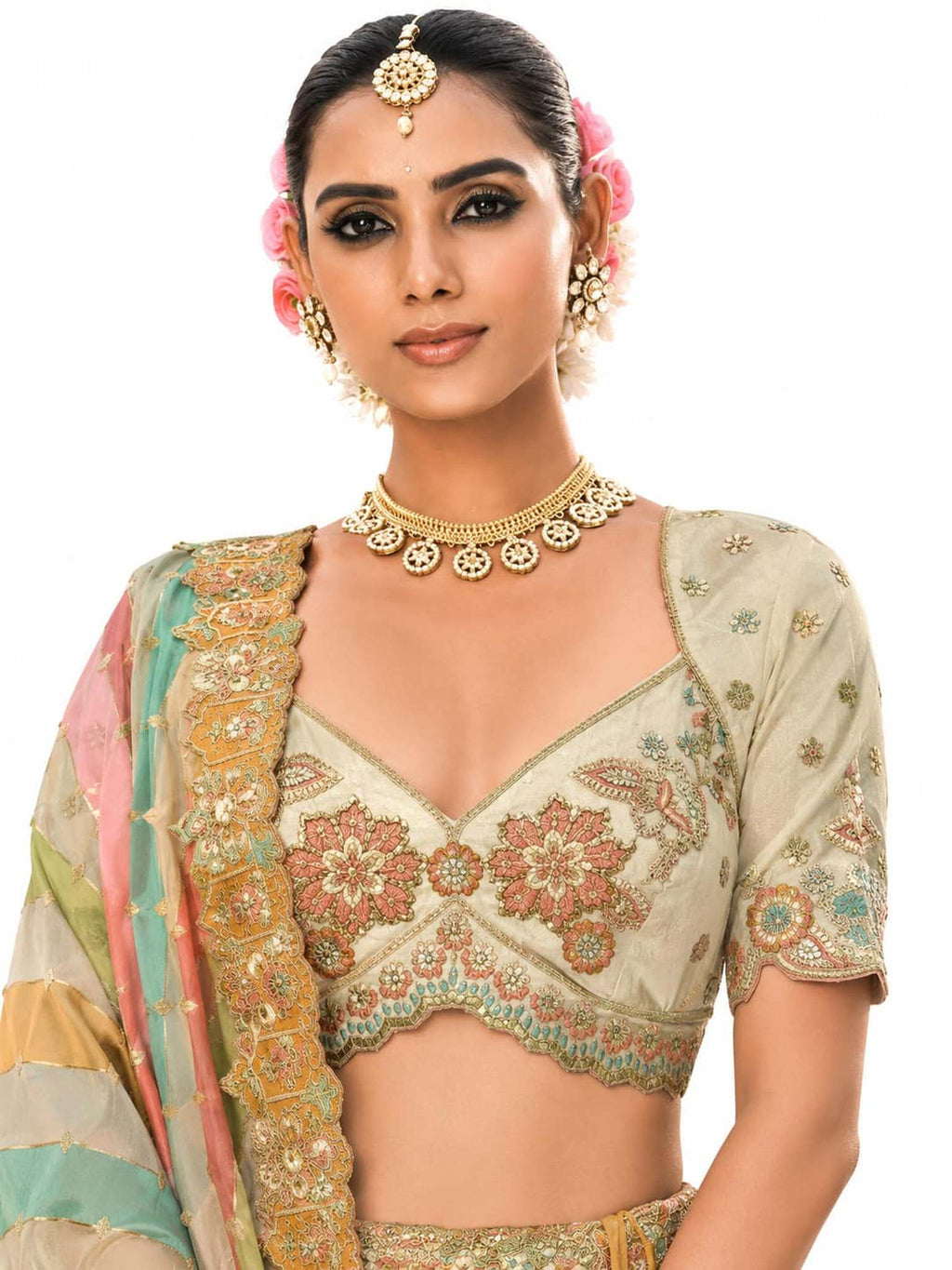 Sage Green & Cream Semi-Stitched Cut Work Border, Stone, Sequence, Mirror, Embroidery Designer Work Fancy Silk Lehengas