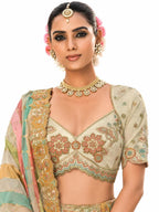 Sage Green & Cream Semi-Stitched Cut Work Border, Stone, Sequence, Mirror, Embroidery Designer Work Fancy Silk Lehengas
