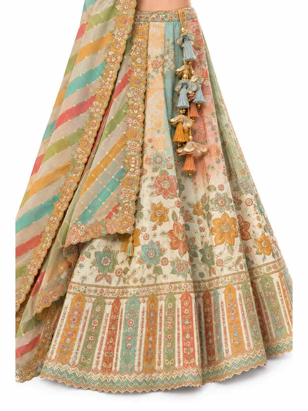 Sage Green & Cream Semi-Stitched Cut Work Border, Stone, Sequence, Mirror, Embroidery Designer Work Fancy Silk Lehengas