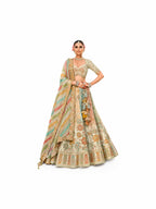 Sage Green & Cream Semi-Stitched Cut Work Border, Stone, Sequence, Mirror, Embroidery Designer Work Fancy Silk Lehengas